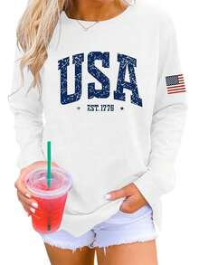 Womens 4th Of July Sweatshirts Long Sleeve Round Neck Letter Print Pullovers Oversized Tops - White - View 1