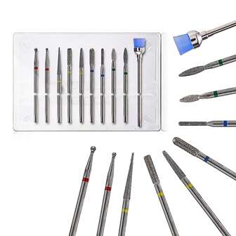 10 件套美甲钻头套装，3/32 英寸钻石指甲角质层钻头套装，适用于美甲钻电子锉刀，美甲修脚卸甲工具，适用于水晶凝胶指甲，沙龙家庭美甲护理用品，银色