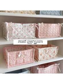 Cute Pink & Blue 3D Lace Satin Storage Basket, Desktop Organizer Basket For Small Items, Lipstick, Makeup Brushes, Skincare Products, Desktop Decor - Multicolor - View 3