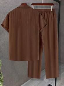 Men's Casual Summer Suit, Simple And Solid Men's Shirt Suit, Casual Short-Sleeved Shirt With Striped Buttons And Elastic Waist Trousers, Suitable For Vacation, Casual Wear, Daily Wear, Suitable As A Gift For Family, Boyfriend, Husband. - 棕色 - 查看 4