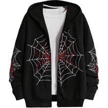 Y2K Spider Web Print Zip Up Hoodie, Long Sleeve Hoodies Sweatshirt, Women's Clothing  Halloween    Spring/Fall  Fall/Winter    Loose    Zipper  Drawstring - 黑色 - 查看 2