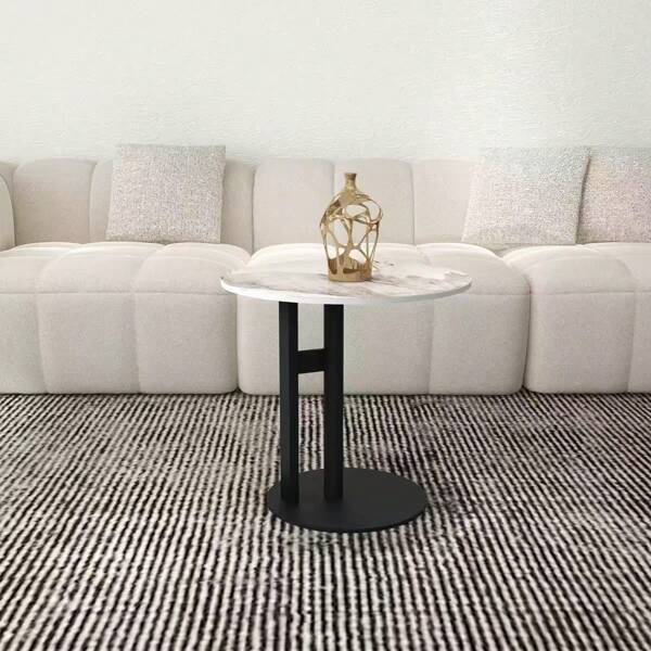 1pc Minimalist Glossy Marble-Look Coffee Table Set, Living Room Small-Space Luxury Apartment Hotel Round Side Table, Bedroom Sofa Balcony