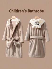 1 Pc Bear Hooded Patten Designed Bathrobe For Kids, Plush Coral Fleece Children's Bathrobe, Waist Belt Included, Multiple Colors Available, Morning Grown, Sleepwear Pajamas Toddler Soft Plush Robes Ultra Soft Water Absorbent Breathable Bath Towel Beach Towel Pool Towel, Suitable For Bathroom, Bedroom, Home, Hotel, Party, Swimming Pool, Birthday Presents, Gifts, Back To School