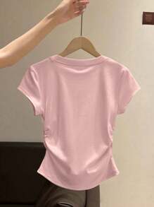 Girls' Bow Embroidery T-Shirt, Ruffle Waist Fitted Casual Round Neck Tops, Versatile For Older Girls