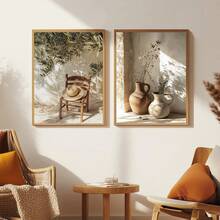 Vintage Mediterranean Autumn Landscape Posters Set Of 2 Print, Straw Hat Chair Decor, Olive Tree Print, Rustic Clay Vases Wall Art, Neutral Pottery Wall Art Decor, Mediterranean Minimalism Autumn Wall Art, Vintage Travel Landscape Wall Decor, No Frame - Multicolor - View 3