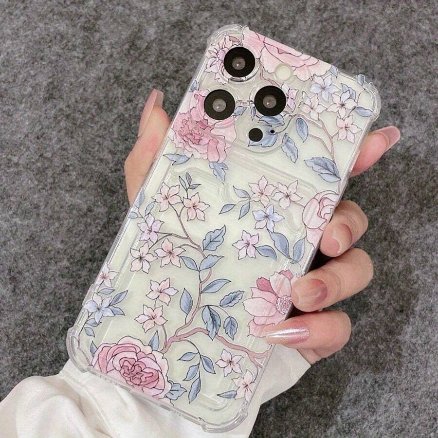 Funda de teléfono transparente con patrón de flores rosas, compatible con iPhone 15 Pro Max, iPhone 16/14 Pro, iPhone 12 con soporte para tarjetas, también compatible con Galaxy S25, Galaxy S24 Ultra, Galaxy S24 FE, Galaxy S25 Ultra, Galaxy A36, Galaxy A56, Galaxy S23 Ultra, SPARK GO 2024, POP8, SPARK20C, SPARK20, POVA6, POVA6 PRO 5G, POP9 4G, SPARK GO1, SPARK GO 2025, puede contener tarjeta de estudiante, tarjeta de crédito, identificación