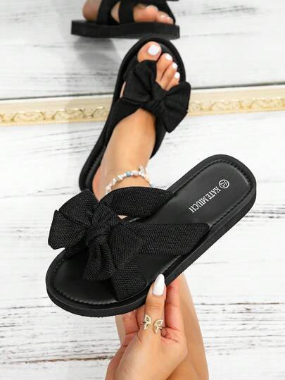 Kate Miuch Women's Spring/Summer French Romantic Elegant High-End Elegant Bow Accessory, Suitable For Pairing With Dresses, Suitable For Beach Vacation, Valentine's Day Dates, Music Festivals, Weddings, And Other Occasions With Flat Sandals, Resort Shoes, Summer Shoes, As Well As Comfortable, Breathable, And Lightweight Flat Slippers In Youthful And Cute Ghost Girl Style