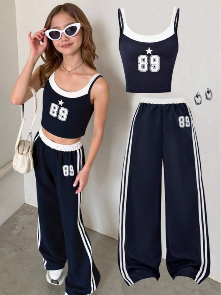 Set de 2 piezas Blusa casual de estilo nuevo para niñas, con impresión digital, combinada con chaleco y shorts con rayas laterales o pantalones blancos a rayas, adecuado para actividades al aire libre en verano, reuniones diarias, viajes y otras ocasiones - Azul Marino - Añade 4