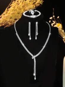 Conjunto de 5 peças de colar, brincos e pulseira geométrica de zircônia cúbica de luxo | Presente de casamento, viagens diárias, festas e feriados | Joias versáteis de alta qualidade