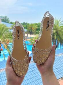 Women's Summer Closed Toe Flat Jelly Crystal Sandals, Hollow-Out Soft Beachside Shoes