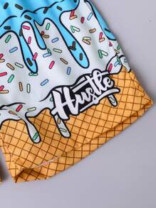 Boys Summer Outfit: Round Neck Short Sleeve Ice Cream Cone Ombre Print T-Shirt + Fully Ombre Ice Cream Cone Print Shorts Set