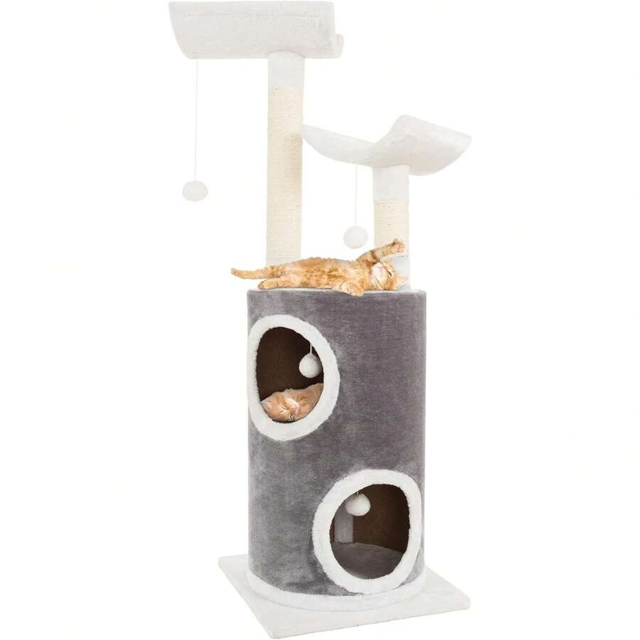 Torre redonda para gatos de 4 niveles - Condominio grande para gatos, percha para dormir y 4 postes rascadores de cuerda de sisal - Árbol para gatos de interior (Gris) - 5 niveles - Ver 1