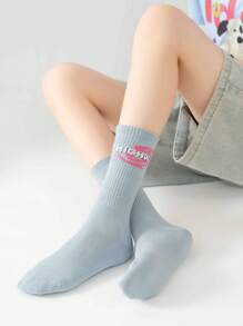 5 Pairs Unisex Mixed Color Letter Pattern Mid-Calf Socks, Streetwear Socks Suitable For Daily Wear
