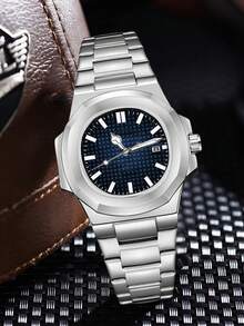 1pc Men's Silver Strap Fashionable Casual Business Bar Scale With Calendar Function Dial Quartz Watch For Daily Wear Or Holiday Gifts