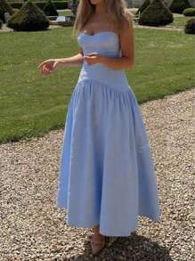 Women Solid Color Ruched Splice Elegant Casual Vacation Dress, Spring & Summer