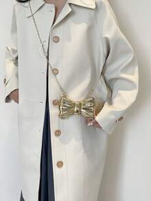 蝴蝶结形迷你晚宴包，女士个性时尚链条斜挎包，适合派对和约会，金色耳机袋，女士装饰配饰包 - 金色 - 查看 7