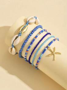 7pcs/Set Women Beach Vacation Seashell Starfish & Rice Bead Bracelets Boho Style Bangles