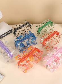 INS Style Delicate Hyuna Flower Transparent Waterproof Cosmetic Bag, Multi-Color Floral PVC Waterproof Portable Large Capacity Girly Organizer Travel Toiletry Bag