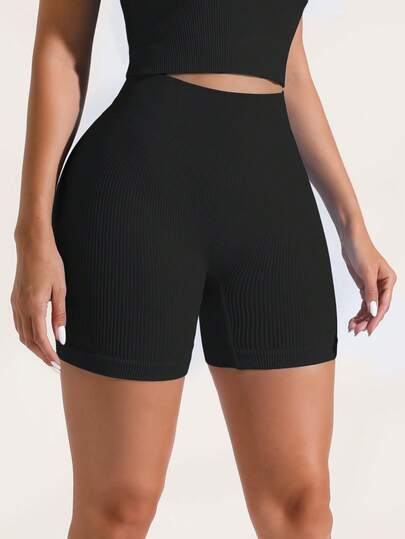 Pantalones cortos casuales de mujer de cintura alta, elásticos y de unicolor para exterior/vacaciones/ejercicio