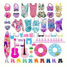 A Set Of 40-Piece Doll Clothing And Accessories Toy Set With 5 Pairs Of Shoes And 2 Handbags - Including Surfboard, Guitar, Glasses, Hangers And Swimming Rings - Multi-Color, Durable PP Material, Suitable For 3 Years And Above