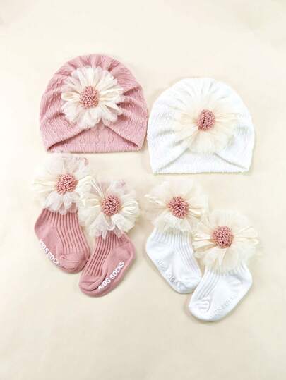 0-6 Months Baby 4 Seasons Flower Elastic Headband Hat & Socks Set, Newborn Beanie Hat Gift Box, Infant & Toddler Headpiece Accessories Set