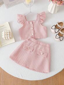 可爱夏季女婴舒适吊带背心套装，粉色荷叶边吊带上衣搭配裙子，甜美风格适合0-3岁女婴，舒适居家穿着，与朋友聚会