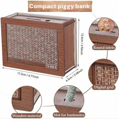 1 pièce Boîte d'épargne en bois DIY - Tirelire compacte, à monter soi-même, avec indicateur d'objectif d'épargne comportant des marques à 10 000 $, 5 000 $, 3 000 $ et 2 000 $, 10 000 €, 5 000 €, 3 000 € et 2 000 €, fournitures scolaires, rentrée scolaire
