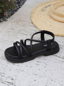 Girls' Korean Style Versatile PU Leather Roman Sandals, New Soft Bottom Fashion Open Toe Anti-Slip Beach Shoes, Suitable For Summer