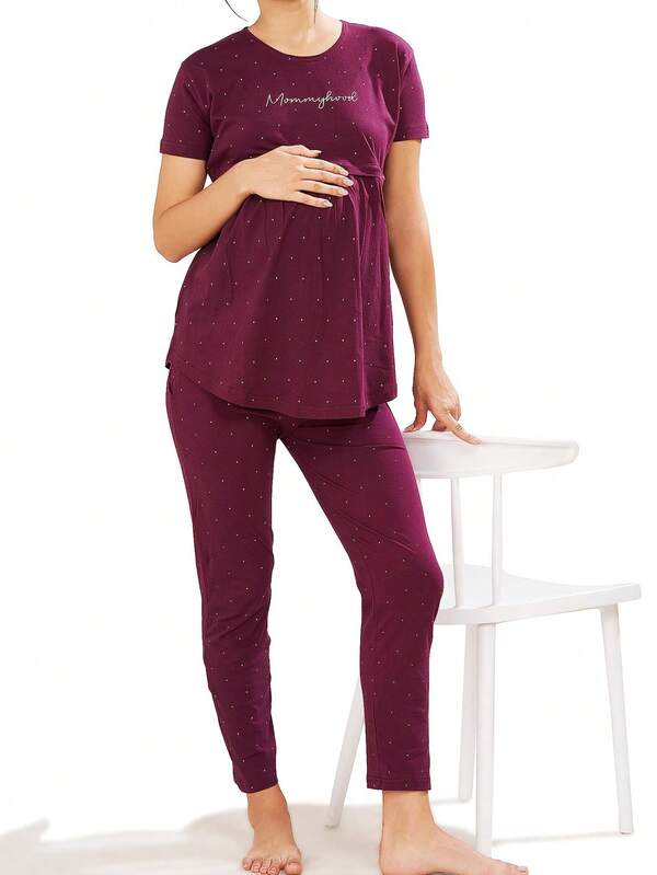 Conjunto de 2 peças de roupa de dormir para maternidade feminina, blusa de gola redonda com estampa de letras e bolinhas, manga curta e calça confortáveis e casuais, para usar em casa
