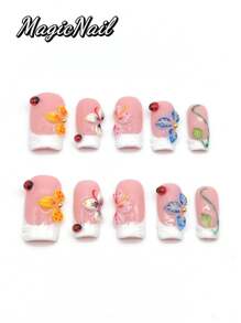10 Pieces Of Pure Hand-Pressed Wearable Nails, Press On Nails,25mm-Length Nail Pieces, Flesh-Colored White Contrasting, Multiple Hand-Pinched Raised Petals To Draw A Variety Of Different Styles Of Flowers, Yellow, Green, Pink, Blue, Etc., Raised Green Leaf Shape, Multiple Raised Ladybug Shape, Beetle.