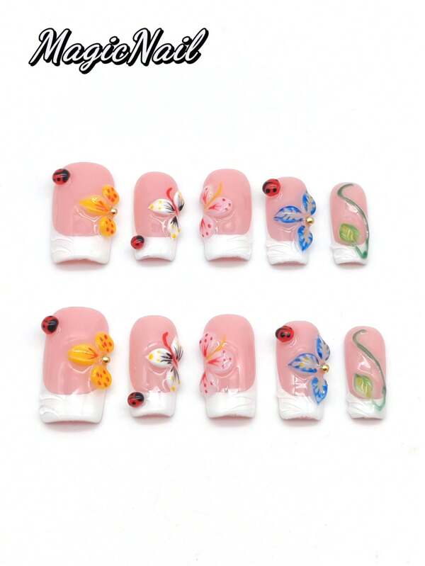 10 Pieces Of Pure Hand-Pressed Wearable Nails, Press On Nails,25mm-Length Nail Pieces, Flesh-Colored White Contrasting, Multiple Hand-Pinched Raised Petals To Draw A Variety Of Different Styles Of Flowers, Yellow, Green, Pink, Blue, Etc., Raised Green Leaf Shape, Multiple Raised Ladybug Shape, Beetle.