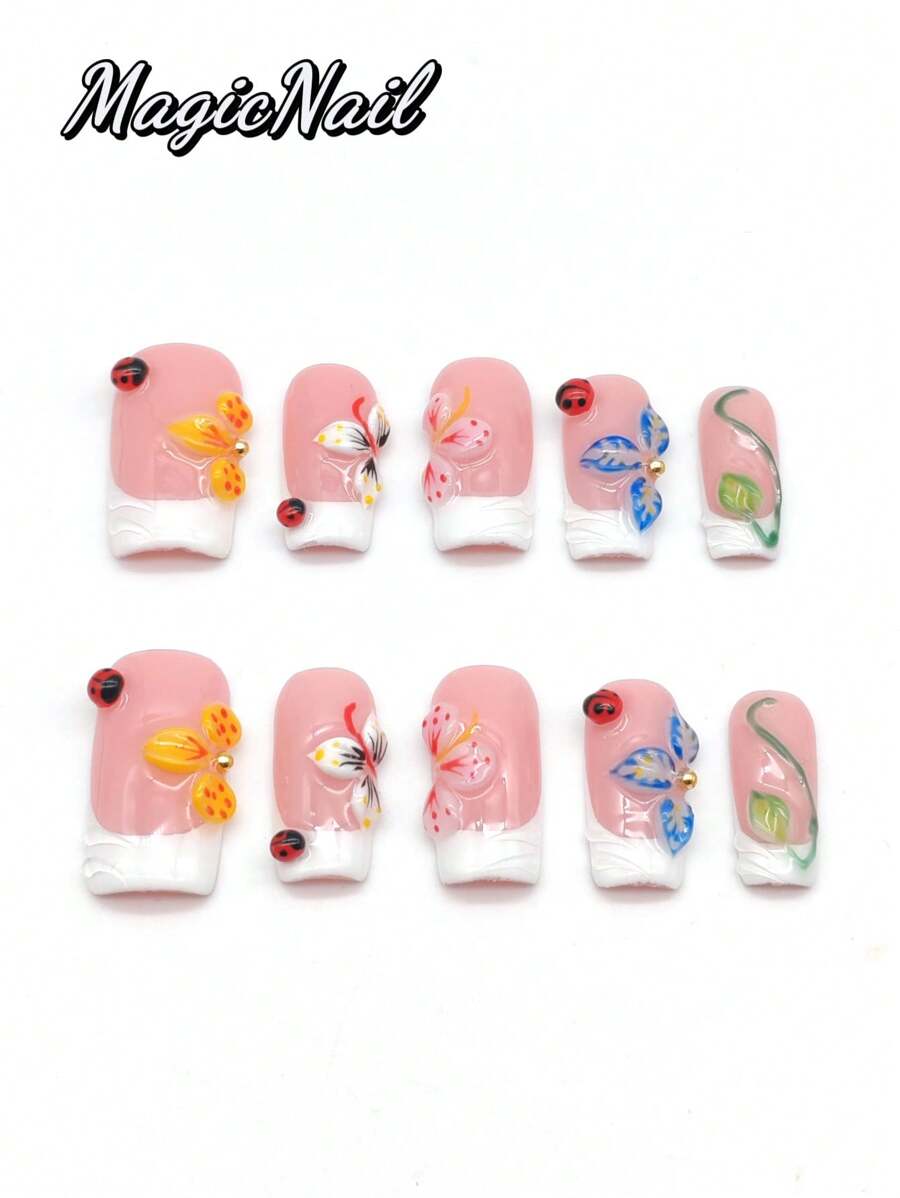 10 Pieces Of Pure Hand-Pressed Wearable Nails, Press On Nails,25mm-Length Nail Pieces, Flesh-Colored White Contrasting, Multiple Hand-Pinched Raised Petals To Draw A Variety Of Different Styles Of Flowers, Yellow, Green, Pink, Blue, Etc., Raised Green Leaf Shape, Multiple Raised Ladybug Shape, Beetle.