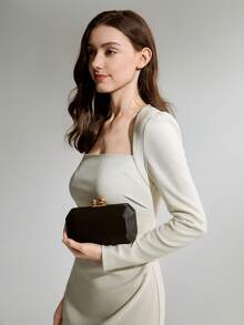 时尚女士晚宴包缎面派对婚礼奢华金属链条手提包女士礼服包闪亮优雅婚礼新娘手拿包圣诞节冬季圣诞礼物 - 黑色 - 查看 1