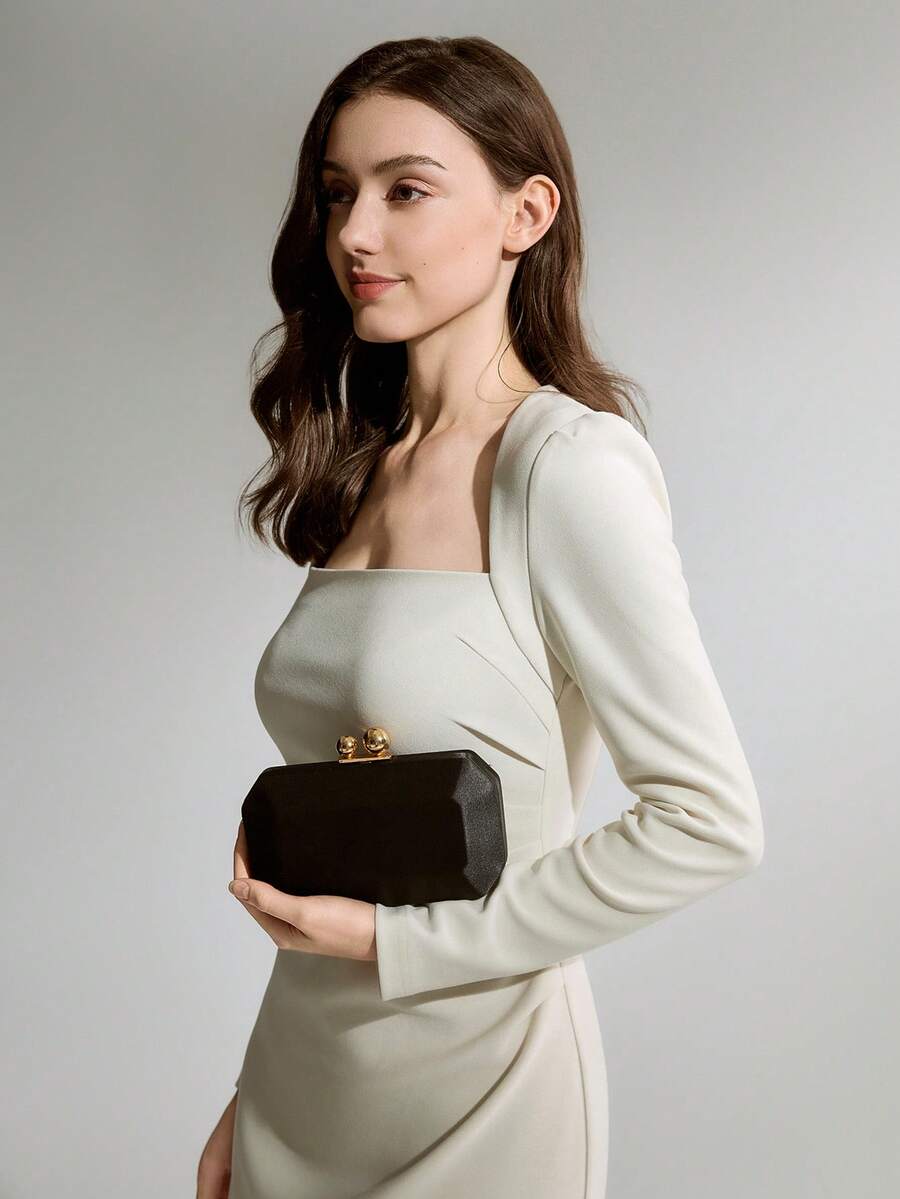 时尚女士晚宴包缎面派对婚礼奢华金属链条手提包女士礼服包闪亮优雅婚礼新娘手拿包圣诞节冬季圣诞礼物 - 黑色 - 查看 1