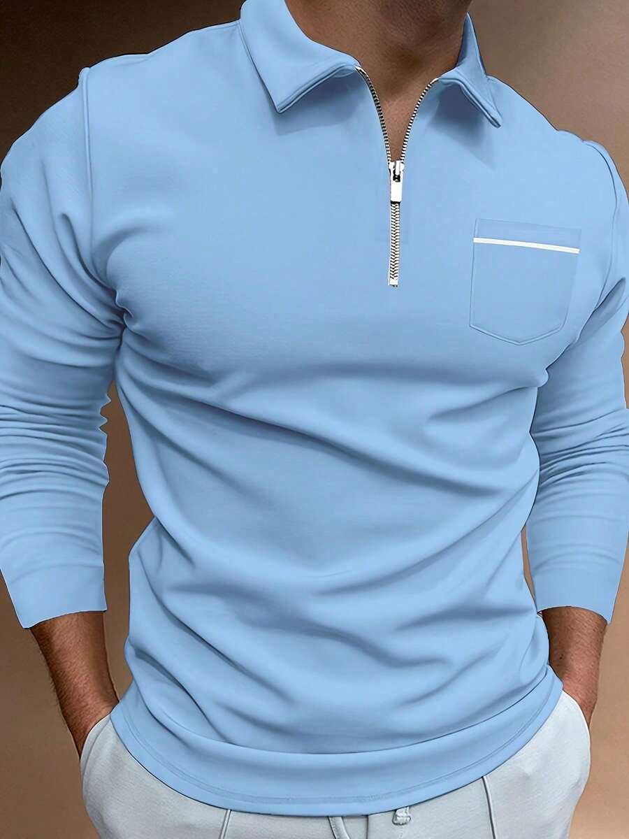 Men's Long-Sleeved Polo Shirt In A Solid Color, Casual And Comfortable, With A Chest Pocket And Zip Fastening, Suitable For Outdoor Wear In Spring And Autumn, Golf, Daily And Casual Wear. - 淺藍色 - 查看 1