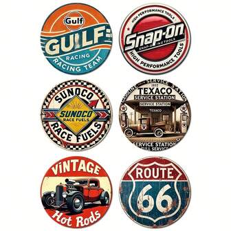 6 件套车库机油赛车队主题复古金属锡标牌壁挂海报图片复古艺术装饰牌匾室内外装饰适用于家庭客厅餐厅办公室车库车站酒吧