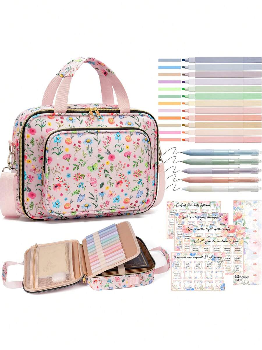 Bible Cover Case For Women, Large Bible Bag W/Shoulder Strap, Bible Study Supplies Journaling Kit Book Carrying Case With Accessories Pastel Highlighter Tab, Christian Gifts For Women Mom Friends, Back To School Supplies College Essentials Kit