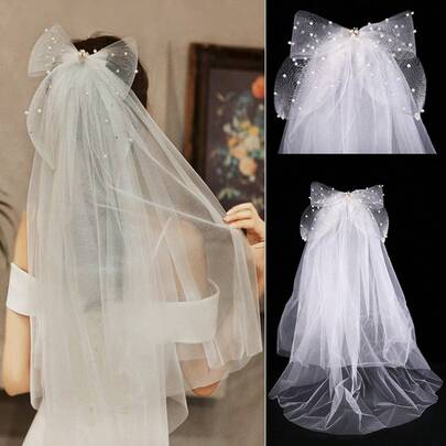 白色双层弹力网纱蝴蝶结新娘头纱，手工缝制珍珠薄纱婚礼派对旅行摄影配饰