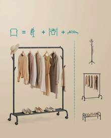 Portant à Vêtements avec Roulettes, 1 Barre, Porte-manteau, en Acier, Charge 50 kg, Largeur de 103,5 cm, Rangement Polyvalent, Noir - Noir - Voir 2