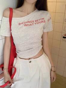 American Letter Printed Asymmetrical Shoulder Crop Top Tee Shirt, Slim Fit Summer Sexy Top For Women - Grey - View 1