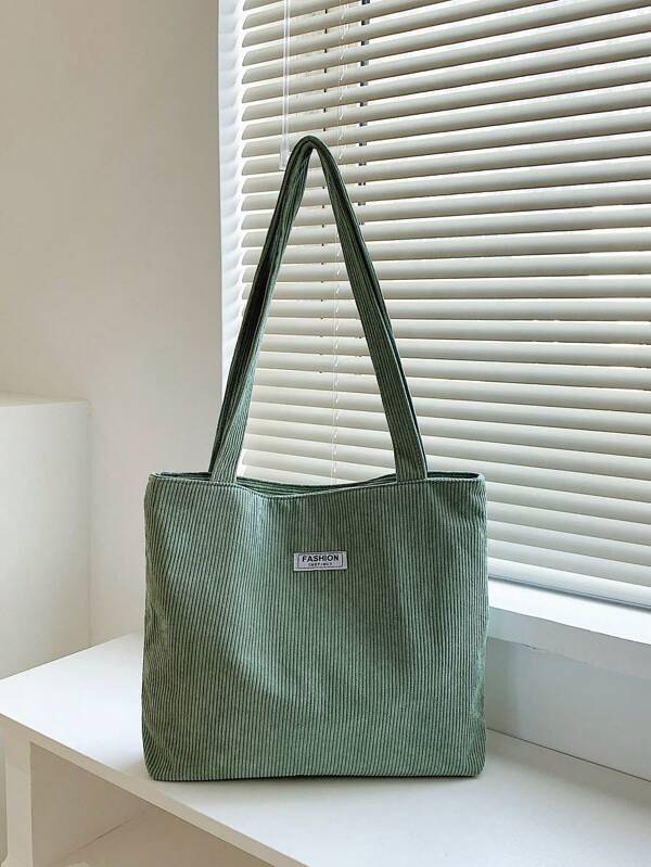 Corduroy Solid Color With Rivet Detail One Shoulder Tote Bag