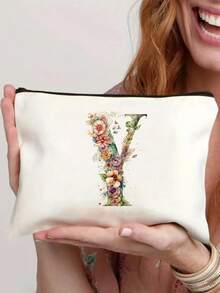 26-Letter Floral Alphabet Canvas Pouch - Lightweight Foldable Cosmetic Bag With Zipper Closure, Machine-Washable White Toiletry & Pen Case For Women, Mothers, Daughters - Perfect Graduation, Wedding, Holiday Gift
