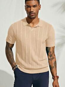 Men's Navy Blue Short - Sleeve Knitted Polo Shirt - Vertical Ribbed Pattern - Comfortable And Stylish For Daily And Smart - Casual Wear