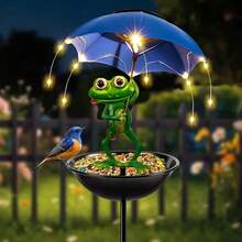 1 pieza Estatua solar con decoración de rana y paisaje, tazón para alimentar aves, decoración de jardín con luces LED, comedero para colibríes, apto para patio, camino, césped, terraza (comida para pájaros no incluida) - luz calida - Ver 6