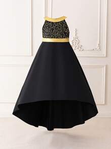 Vestido formal de hombros descubiertos de fiesta de boda para niña preadolescente, elegante vestido de dama de honor de tren para fiesta de cumpleaños, vestido de princesa lujoso negro y dorado para ocasiones especiales