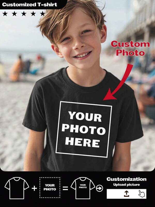 1 pieza Camiseta de cuello redondo de manga corta personalizada para niño preadolescente para primavera/verano para uso al aire libre, con impresión de foto/gráfico/texto. Personaliza con tu foto/frase/familia/ídolo/dibujo animado/mascota/amigo. Camiseta personalizada para volver al colegio, atuendo primavera/verano, regalo de vacaciones, regalo de cumpleaños, camiseta informal de manga corta para uso al aire libre