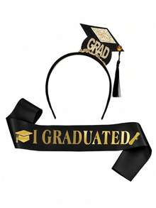 2pcs-Class Of 2025 Graduation Shoulder Strap & 'grad' Headband Set, Party Decoration,Graduation Headband And Shoulder Straps For Congrats Grad Party Supplies Bachelor Cap Headband With Doctoral Hat Black Sash Satin Tassels Tiaras For Graduation Party Dress Up Favor Photo,Holiday Festival Carnival Dress Up Party Supplies