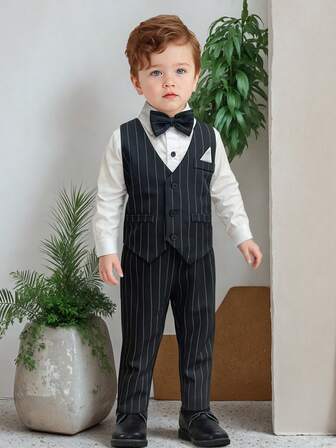 4pcs/Set New Gentleman Suit Set For Boys, Including White Shirt, Striped Vest, Pants, Bow Tie, Formal Outfit For Pageboy, Wedding, School Events, Parties