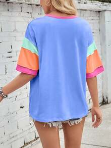 Women's Summer Color Blocking Splicing Round Neck Short Sleeved T-Shirt - Blue - View 2