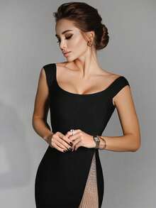 Sexy Spaghetti Strap Off-Shoulder Black Mid-Length Fitted Dress, Crystal Decor Slit Bandage Dress, Elegant For Evening Party, Wedding, Cocktail, Summer Wear Spring - Black - View 4
